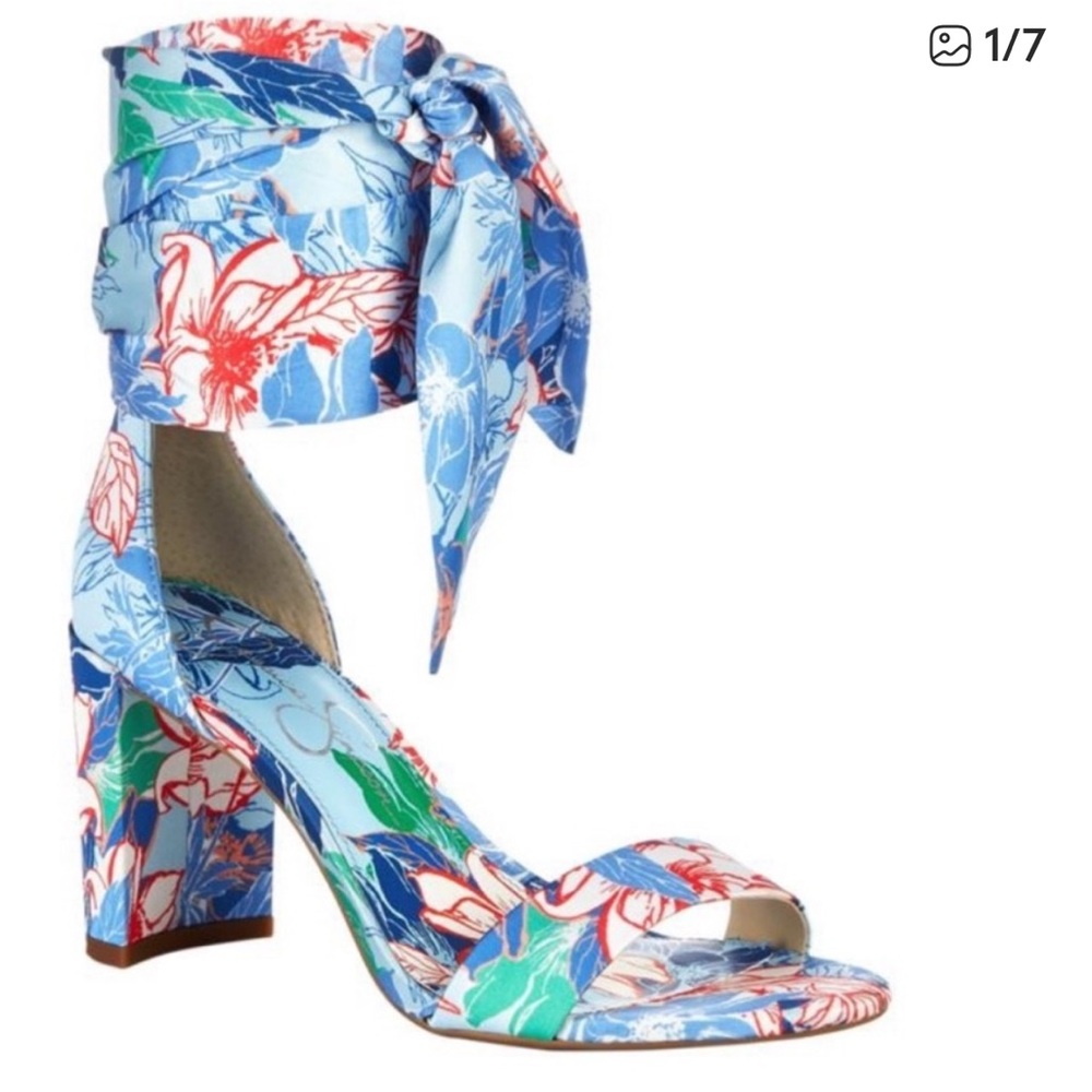 NEW JESSICA SIMPSON narella Floral Blue and Red tie lace up Heels size 6